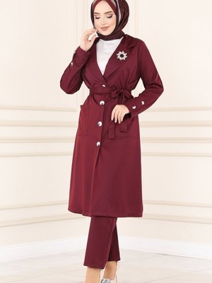 Bordo Manşeti Düğmeli İkili Takım