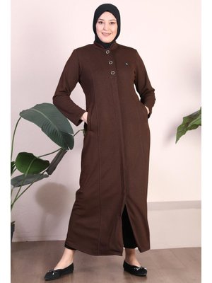 Kahverengi Kadin Büyük Beden Düğmeli Pardesü
