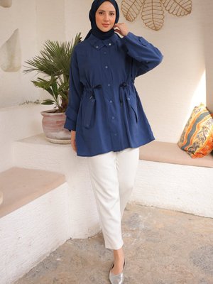 İndigo Büzgülü Çıtçıtlı Ceket