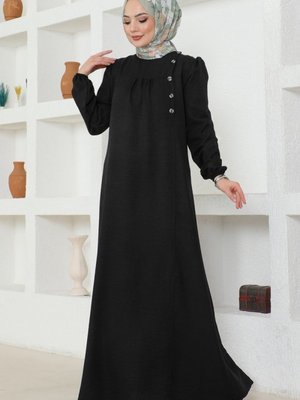 Siyah Düğme Detaylı Keten Elbise