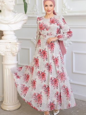 Nar Çiçeği & Taş Desenli Kemerli Şifon Elbise