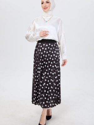 Sıyah Puantiye Desenli Piliseli Etek