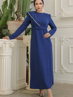 İndigo Taş Detaylı Elbise