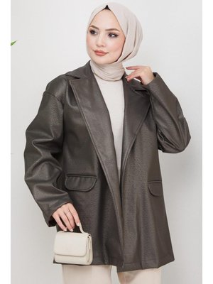 Haki Sim Görünümlü Suni Deri Ceket Haki Sim Görünümlü Suni Deri Ceket