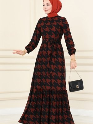 Siyah & Taba Eteği Fırfırlı Desenli Elbise