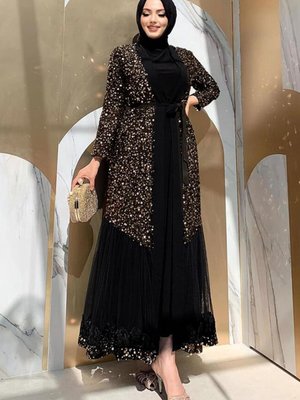 Kadın Siyah (siyah Gold) Pul Payetli Abaya T