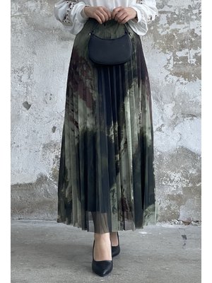 Haki Batik Desen Astarlı Tül Etek