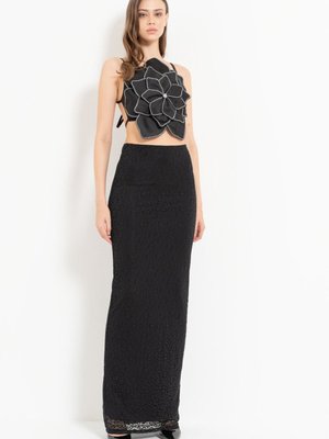 Siyah İç Astarlı Bel Lastikli Uzun Tül Etek