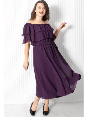 Mor Karmen Yaka Şifon Abiye Elbise