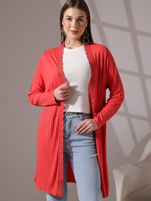 Mercan Yumuşak Dokulu Penye Dantel Detaylı Uzun Büyük Beden & Hırka Mercan Yumuşak Dokulu Penye Dantel Detaylı Uzun Büyük Beden & Hırka