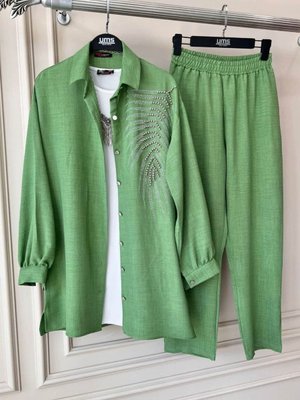 Kadın Gömlek Yaka Keten Takım