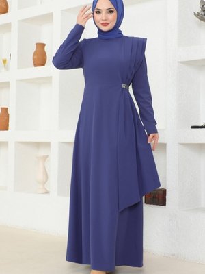 İndigo Drapeli Pul Detaylı Elbise