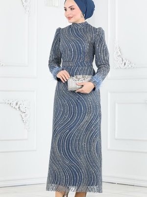İndigo Otriş Detaylı Kalem Abiye Elbise