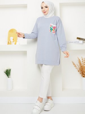 Gri Cep Detaylı Sweatshirt