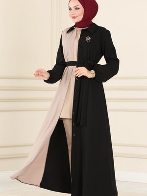 Siyah & Vizyon Düğme Detaylı Krep Elbise