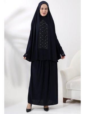 Lacivert İki Parça İncili Taşlı Alt Üst Pratik Namaz Elbisesi