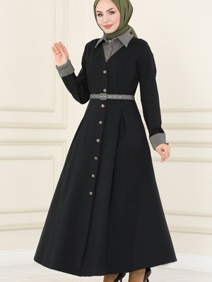 Siyah & Vizyon Yakalı Kışlık Gömlek Elbise
