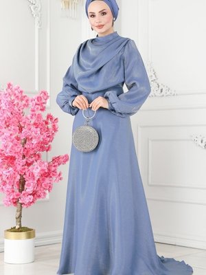 Mavi Degaje Yakalı Simli Saten Abiye Elbise