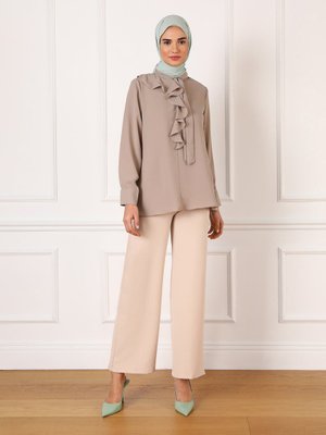 İpek Tuşeli Fırfır Detaylı Tunik Vizon