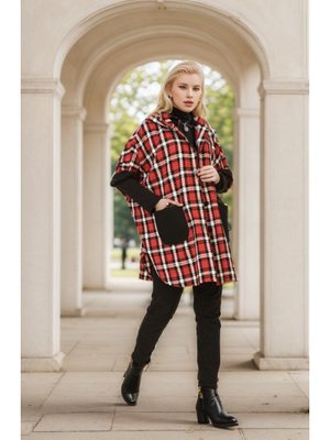 Bordo Kapüşonlu Ekose Desenli Panço