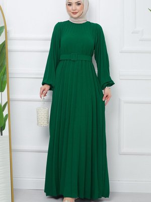 Kemerli Piliseli Aerobin Elbise Zümrüt Rengi