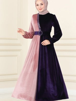 Mor & Pudra Çift Renkli Kadife Elbise