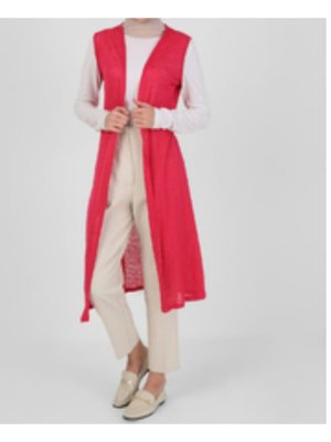 Sade İnce Triko Uzun Fuşya Yelek