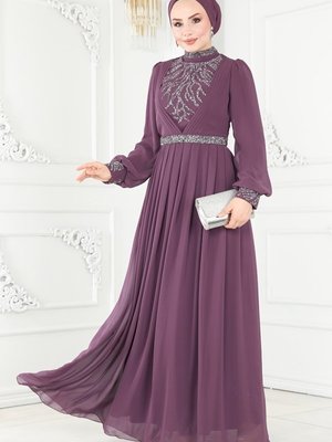 Lila Pilise Detaylı Şifon Abiye Elbise