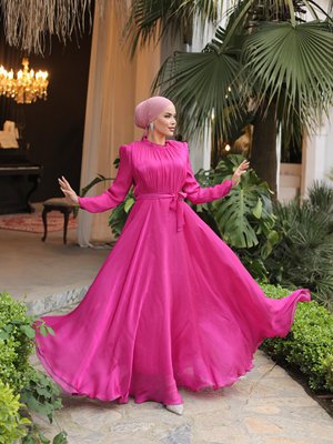 Diva Göğsü Pileli Abiye Elbise Fuşya