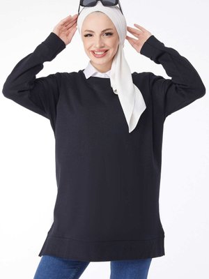 Sıyah Bisiklet Yaka Uzun Kollu Sweatshirt