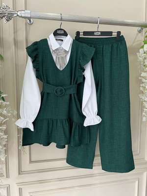 Kadın Pamuklu Fırfırlı 4'lü Kombin Gömlek Yelek Pantolon Kemer Tesettür Takım