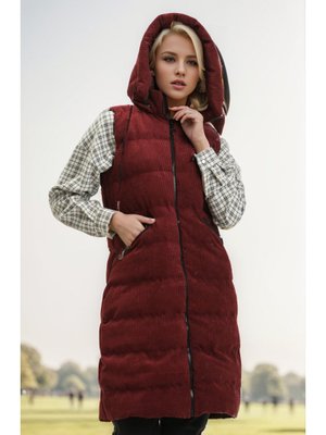 Bordo Kapüşonlu Fitilli Kadife Yelek