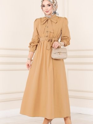 Latte Yakası Bağlamalı Terikoton Elbise