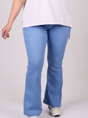 Buz Mavi Büyük Beden İspanyol Paça Tırnaklı Kot Pantolon