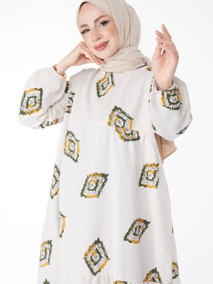 Düz Bisiklet Yaka Haki Desenli Elbise Düz Bisiklet Yaka Haki Desenli Elbise