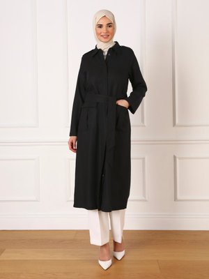 Siyah Keten Düğmeli Trençkot