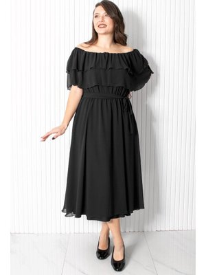 Siyah Karmen Yaka Şifon Abiye Elbise