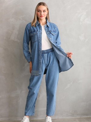 Açık Taş İşlemeli Kot Jean Alt Üst Mavi Takım Açık Taş İşlemeli Kot Jean Alt Üst Mavi Takım