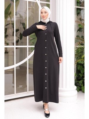 Siyah Önden Düğmeli Tesettür Kap