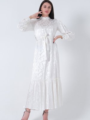 Beyaz Yakası Ve Kolları Taşlı Kuşaklı Abiye Elbise Beyaz Yakası Ve Kolları Taşlı Kuşaklı Abiye Elbise