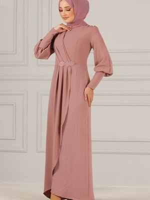 Taş Detay Abiye Elbise Koyu Pudra Taş Detay Abiye Elbise Koyu Pudra