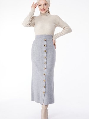 Düz Orta Gri Düğmeli Triko Etek