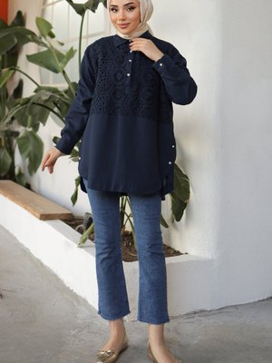 Desenli İnci Düğmeli Gömlek Lacivert Desenli İnci Düğmeli Gömlek Lacivert