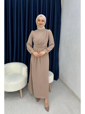 Vizon Pileli Uzun Abiye Elbise