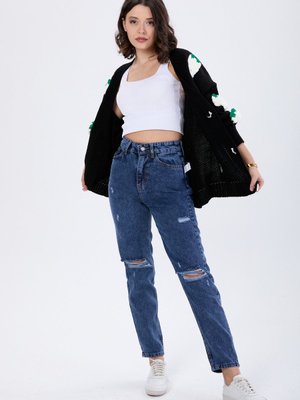 Koyu Mavı Mom Jeans Lazerli Kot Pantolon Koyu Mavı Mom Jeans Lazerli Kot Pantolon
