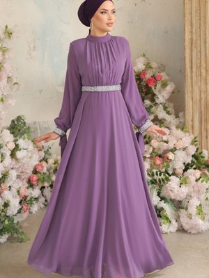 Lila Sual Manşeti Bağlamalı Şifon Abiye Elbise