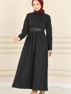 Siyah Deri Kemerli Balıksırtı Elbise