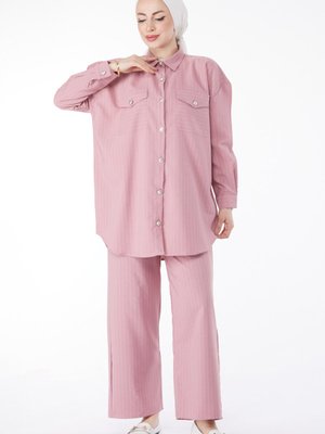 Düz Gömlek Yaka Gül Çizgili Tunik + Pantolon