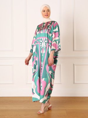 Fuşya Saten Etnik Desenli Abiye Ferace