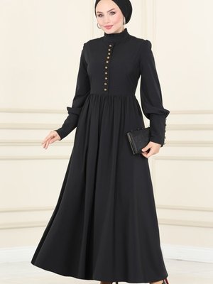 Siyah Aksesuar Düğmeli Elbise